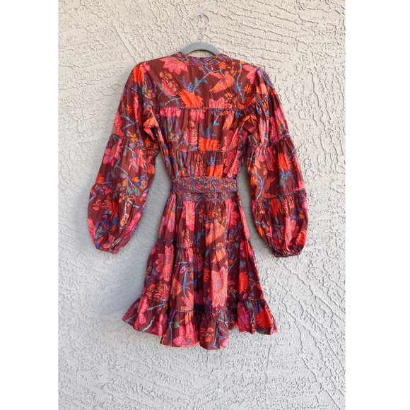 FARM RIO PETITE ANTHRO Floral Bird Printed Belted Puff Sleeve Tiered Mini Dress - Picture 4 of 17